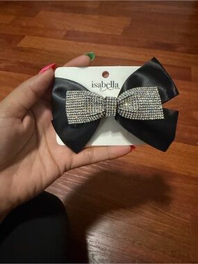 Abella Black Satin Bow with Crystal Rhinestone Center